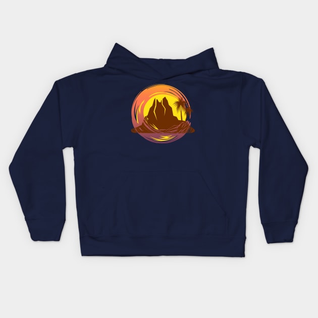 Badge with tropical volcano landscape and palm trees Kids Hoodie by Cute-Design